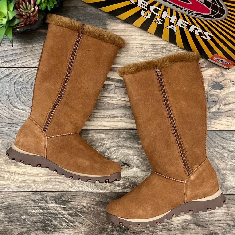 NIB Skechers Grand Jams Snowdrop Mid Calf Winter Boots Chestnut Suede - Picture 2 of 12